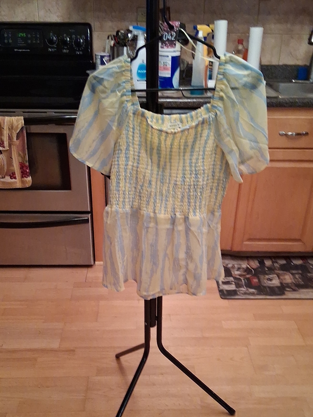 Moon River Light Blue and Yellow Smocked Peplum Blouse